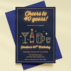 Cheers to 40 Years Birthday Invitation Editable Canva Template, Bar and Drinks Party Theme, 40th Milestone Celebration, Adult Print Invite