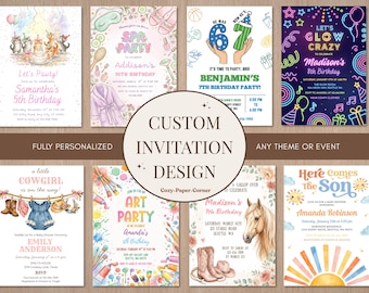 Gepersonaliseerde op bestelling gemaakte uitnodiging, aangepaste verjaardag, babyshower, bruiloft, vrijgezellenfeest, afstuderen digitale uitnodiging, een ontwerper inhuren
