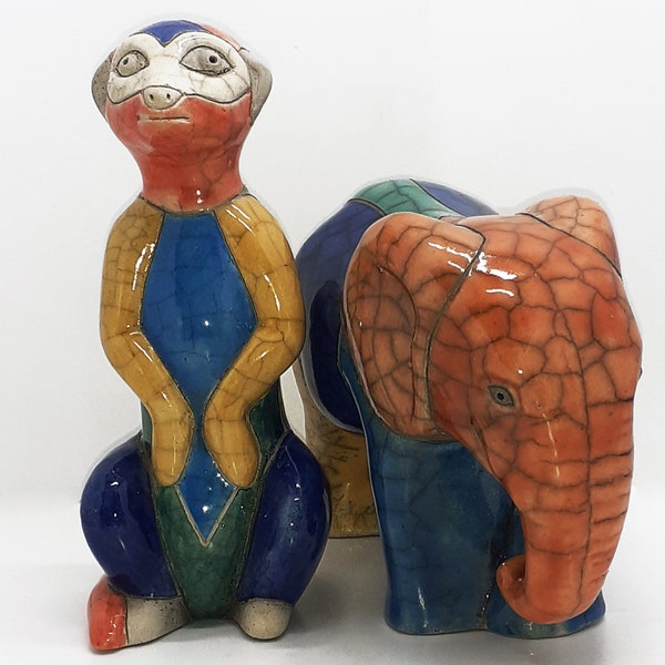 Hand Painted African Raku Pottery Elephant and Meerkat, South African Handmade Ceramic Animals