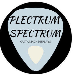 May include: A black and white logo for a business called "PLECTRUM SPECTRUM" that specializes in guitar pick displays. The logo features a stylized guitar pick with the business name written on it.