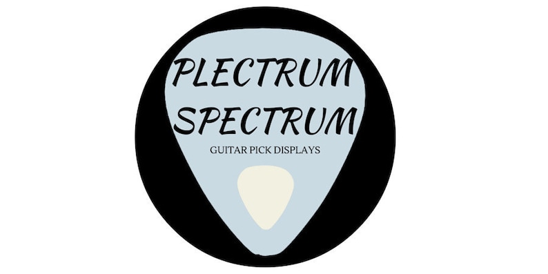 May include: A black and white logo for a business called "PLECTRUM SPECTRUM" that specializes in guitar pick displays. The logo features a stylized guitar pick with the business name written on it.
