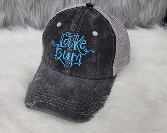 Distressed Embroidered Lake Bum Criss Cross Ponytail Hat