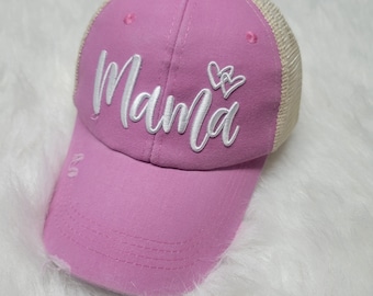 Distressed Embroidered Mama Criss Cross Ponytail Hat