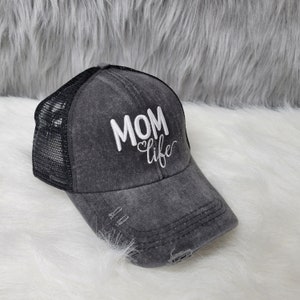 Distressed Embroidered Mom Life Criss Cross Ponytail Hat