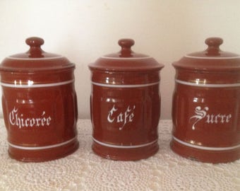 Vintage French enamel storage canisters, Set of 3 French enamel pots, French kitchen containers, vintage red brown enamel kitchenware,
