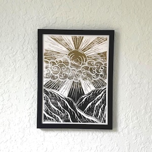 Sunset in the mountains. Original linocut print. Unframed