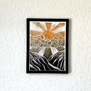 Sunset in the mountains. Original linocut print. Unframed
