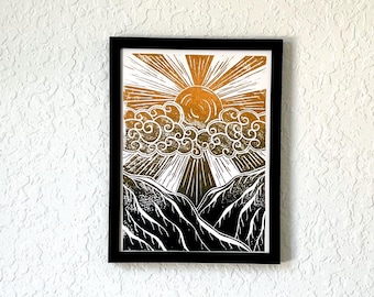 Sunset in the mountains. Original linocut print. Unframed