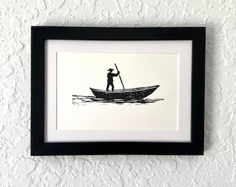 Man on the Boat. Original linocut ink print. Unframed.