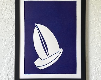 Sailboat. Original linocut print, minimalist style. Unframed