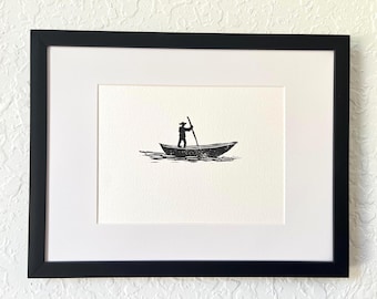 Man on the Boat. Original linocut ink print. Optional black frame.