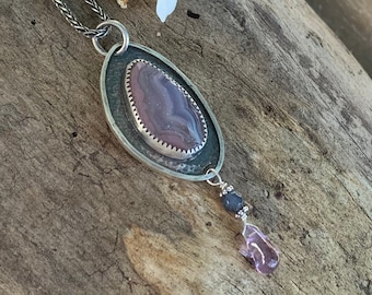 Laguna lace agate and sterling silver necklace with amethyst and lapis beads - artisan, artsy, modern, everyday jewelry, gift for women