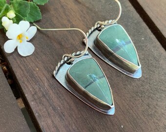 Green jasper and sterling silver triangle earrings - artisan jewelry, boho style, statement earrings, bold, holiday, gift for women