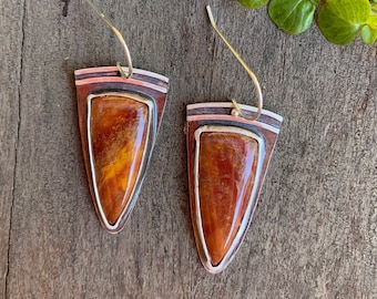 Agate and sterling silver triangle earrings - red and orange, fall colors, artisan jewelry, boho, statement, bold, modern, artsy, unique