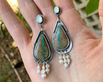 Royston ribbon turquoise, moonstone, pearl, and sterling silver earrings - southwest style, boho, artisan jewelry, gift for women, fringe
