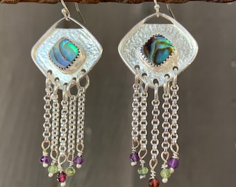 Oceanside earrings - abalone and sterling silver with gemstone beads - bohemian, fringe, artisan, beachy, gift for her, iridescent, artsy