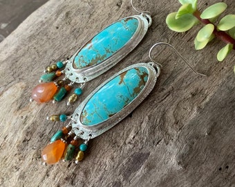 Fiesta earrings - #8 turquoise and sterling silver with bead fringe - oval, statement, artisan, boho, southwest, modern, fun, unique