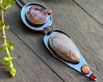 Desert Dusk necklace - Noreena jasper, fossilized coral, sunstone, citrine, and sterling silver - statement, bohemian, artisan, talisman