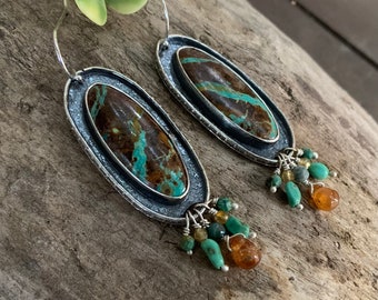 Turquoise and sterling silver fringe earrings - artisan, boho, artsy, gift for women, modern, flirty, fun, southwest style, hippie chic