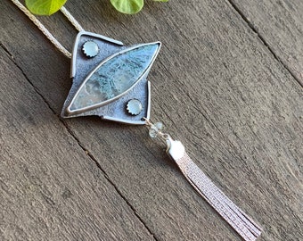 North Star necklace - moss agate, aquamarine, and sterling silver - blue, fringe, bohemian, artisan, celestial, tassel, astrology, modern