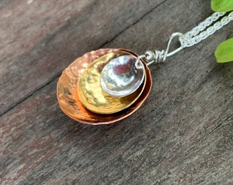 Mixed metal pendant - hammered sterling silver, copper, and brass - circle pendant, everyday necklace, gift for women, classic jewelry