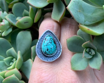 Turquoise and sterling silver teardrop ring - size 8.75 - blue ring, artisan, bohemian, artsy, Southwest style, bold, textured, gift