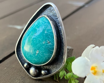 Fox turquoise and sterling silver ring - size 10.25 - blue ring, artisan, bohemian, earthy, Southwest style, bold, textured, unisex, modern