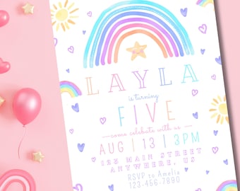 May include: A pastel-coloured birthday invitation featuring a rainbow, hearts, and suns. The invitation reads "LAYLA is turning FIVE" with event details: August 13th at 3 PM, 125 Main Street, and an RSVP phone number.