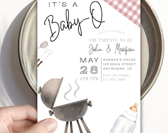 Plantilla editable de invitación para baby shower con temática de barbacoa y género neutro
