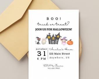 May include: A Halloween invitation with the text "BOO! trick or treat? JOIN US FOR HALLOWEEN!" and illustrations of a black cat, ghost, haunted house, witch, and pumpkin. The date is October 31st at 6 PM.