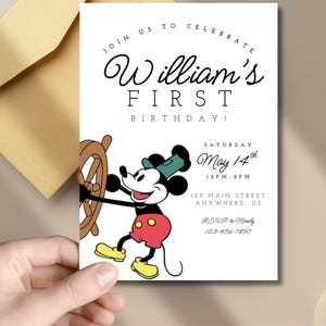 Classic Steamboat Willy Mickey Mouse First Birthday Invitation Editable Template | 5x7 Canva Party Invite
