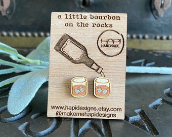 Bourbon on the Rocks Wood Earrings, Bourbon Earrings, Bourbon Drinker, Bourbon Gift, Stud Earrings, Bourbon Lover, Cute Studs