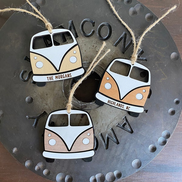 Wood Hippie Bus Ornament, Retro Ornament, Volkswagen, Car Charm, Coastal Decor, VW Bus, Camper Van, Surf Van, Groovy Bus, Custom Ornament