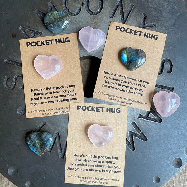 Pocket Hugs, Rose Quartz, Labradorite, Worry Stone, Pocket Token,Miss You Gift, Love You Gift, Send a Hug, Gemstone Heart, Crystal Heart