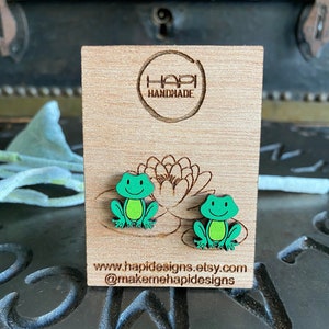 Cute Frog Studs, Frog Earrings, Frog Jewelry, Frog Gift, Animal Earrings, Handmade Earrings, Laser Cut Earrings, Cute Studs