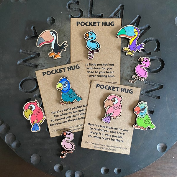 Pocket Hugs, Flamingo, Toucan, Parrot, Macaw, Pocket Token, Miss You Gift, Love You Gift, Back to School, Send a Hug, Cute Birds