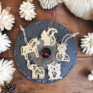 Scandinavian Folk Art Woodland Animal Christmas Ornaments, Nordic, Minimal Wood Ornaments, Scandi Forest Animals(Set 1), Hygge