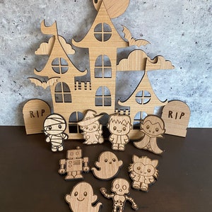 19pc. UNFINISHED WOOD Cute Halloween Scene, Laser Cut Halloween Scene, Spooky Cutouts, Halloween Bundle, Haunted House, DIY Tiered Tray