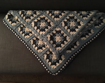 Blue and Off-White Granny Square Lapghan Blanket
