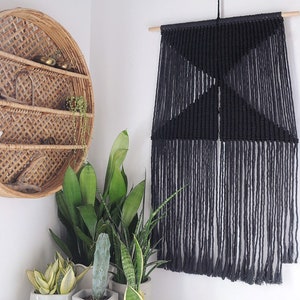 macrame wall hanging| black| modern fibre tapestry| woven wall art| geometric design| contemporary macrame| minimal| rope art