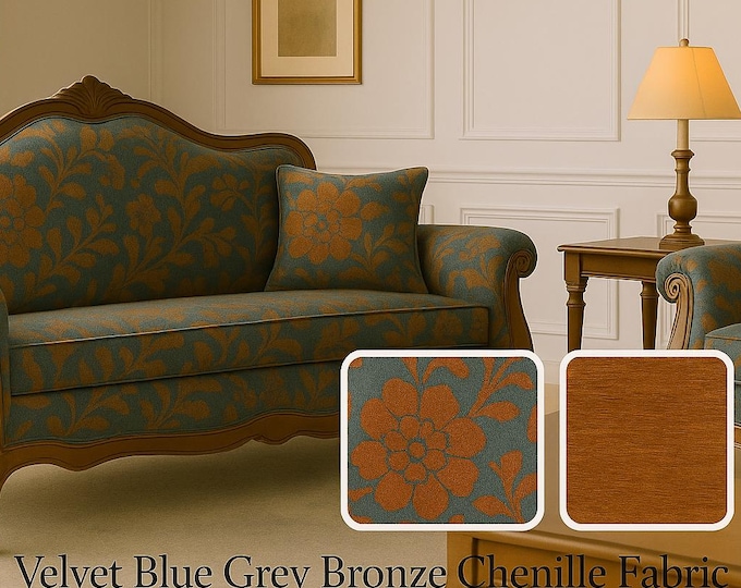 Velvet Blue Grey Bronze Classic Chenille Upholstery Fabric | 280 cm - 110 inches width