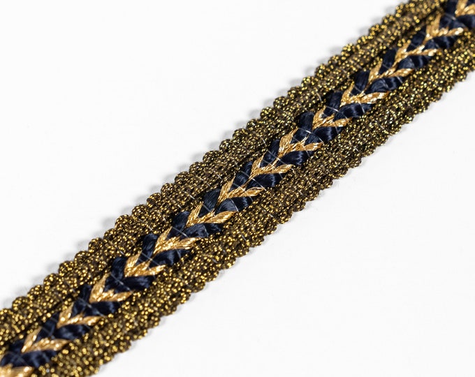 Dark Blue Gold & Gold Antique Lurex fibers Braid Fringe Trims | 1.5cm - 0.59 inches upholstery gimp trims,embellishments clothes