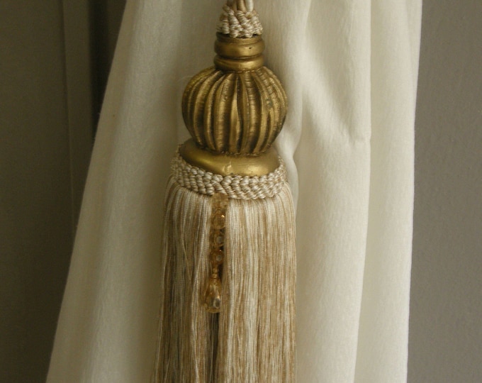 Ecru Beige Gold Wood Knot Tassel Curtains Tieback and beads|Ecru Beige Tassel Golden Wood Curtains Tieback-Drapes Holdback Tassel beads