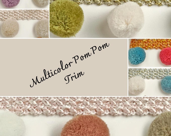 Multicolor Pom Pom Trim Fringe|4.5cm-1.77 inches Height Quality Lace Ribbon Pom Pom Trim|Sold by meter(39"/1.09yards)