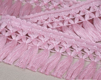 Cinta de encaje rosa claro con flecos y borlas / 8 cm (3,15") de ancho / Ideal para cortinas, vestidos, disfraces y accesorios (se vende por metro)