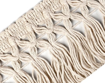 Natural Ivory 100% Cotton Braid Tassel Fringe Trim | 8cm - 3.15&quot; Lace Ribbon | Dress, scarfs,curtains, accesorries trim by the meter