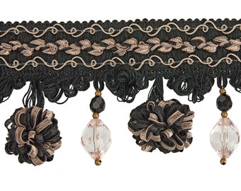 Black Ecru Beaded Onion Trim Fringe | 8 cm height | beaded trim | curtain trim | Tassel fringe trim with beads and balls
