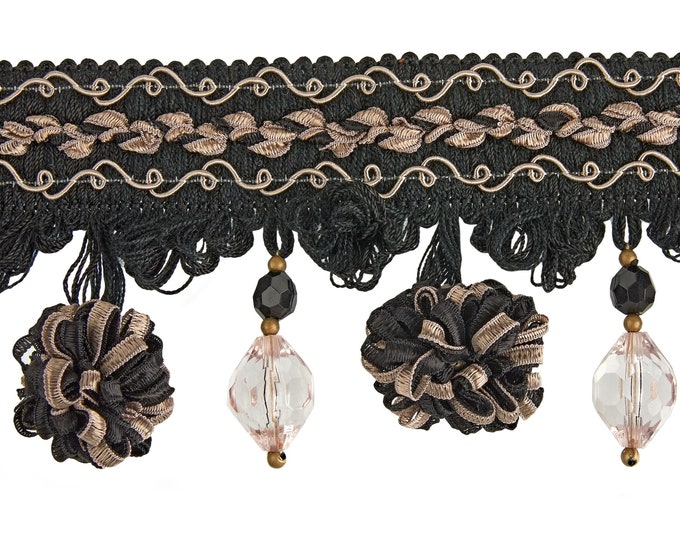 Black Ecru Beaded Onion Trim Fringe | 8 cm height | beaded trim | curtain trim | Tassel fringe trim with beads and balls