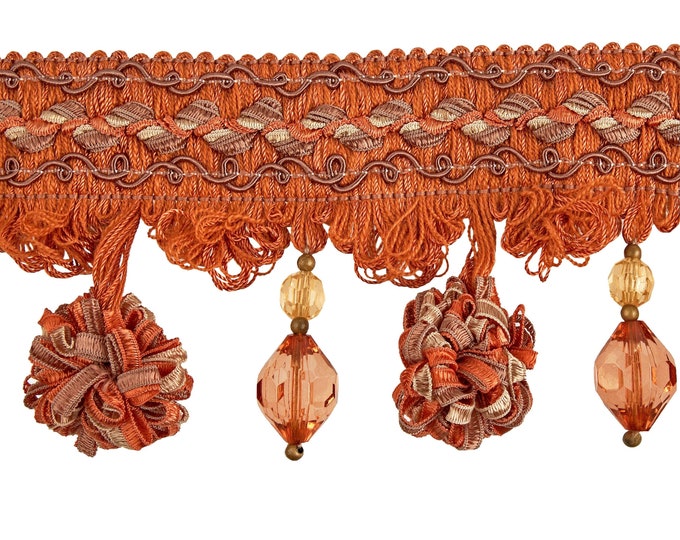 Rust Brown Beaded Onion Trim Fringe |  8 cm - 3.15 inches height | Tassel fringe trim with beads and balls