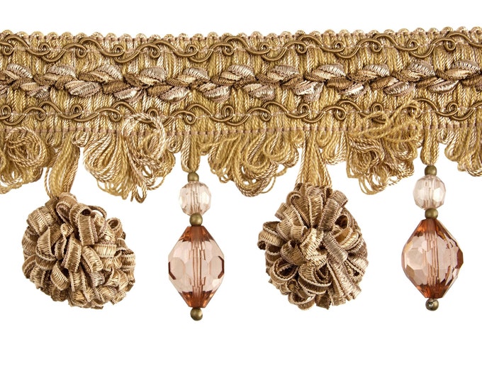 Gold Beige Beaded Onion Trim Fringe |  8 cm - 3.15 inches height | Tassel fringe trim with beads and balls